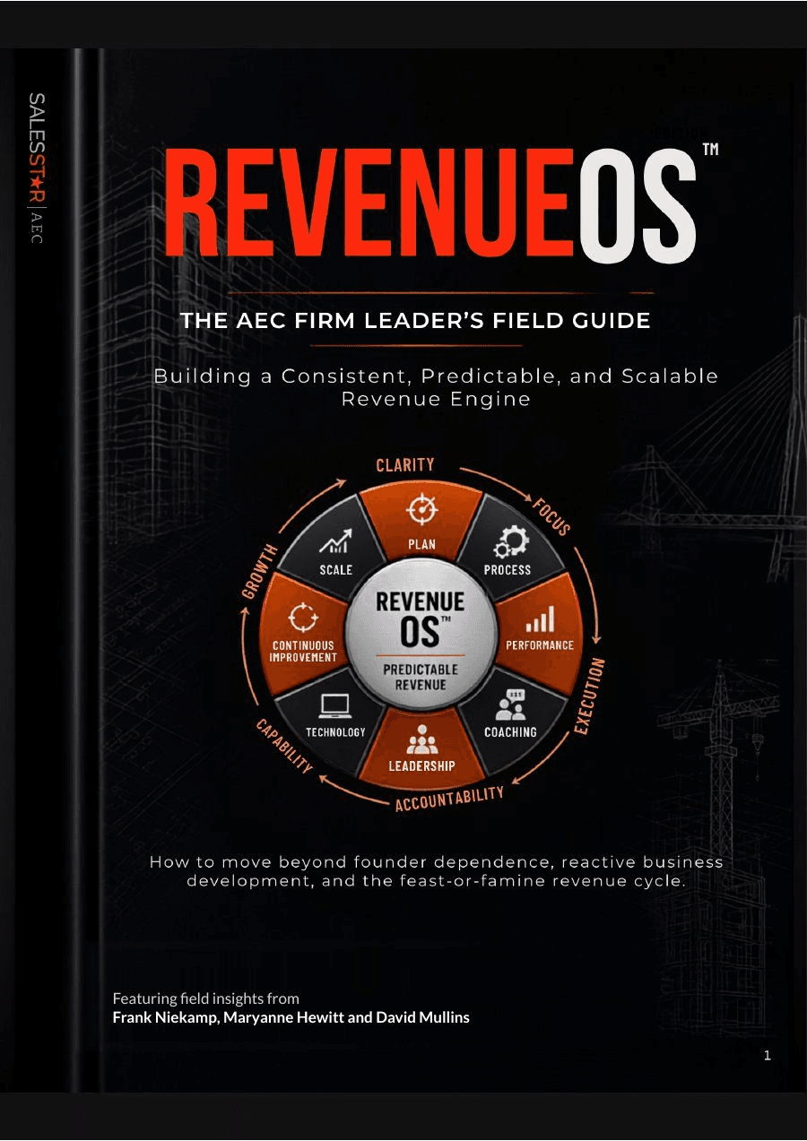 The cover of Revenue OS: The AEC Firm Leader's Field Guide, showing the Revenue OS flywheel